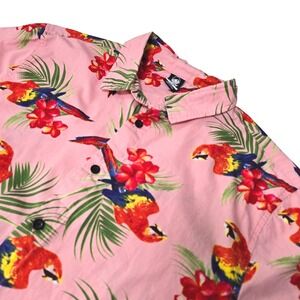 Neff Mens Pink Tropical Parrot Hibiscus Floral Print Cotton Button Down Shirt L